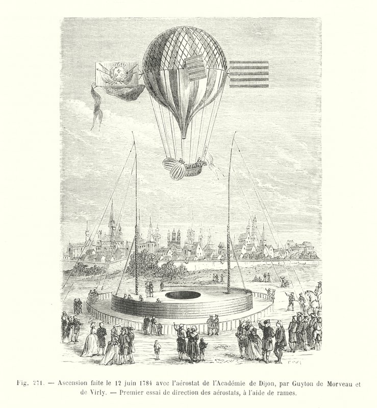 1784年6月12日由Guyton de Morveau和de Virly使用第戎学院的航空器进行的升空，这是航空器在桨的帮助下进行的第一次方向测试（雕刻）。 作者 欧洲学校
