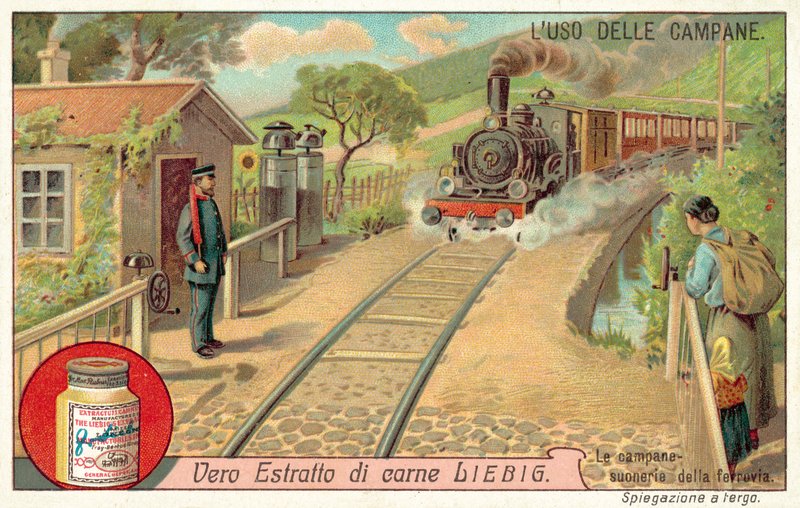 Bells to warn of approaching trains at a railway crossing (chromolitho) 作者 欧洲学校