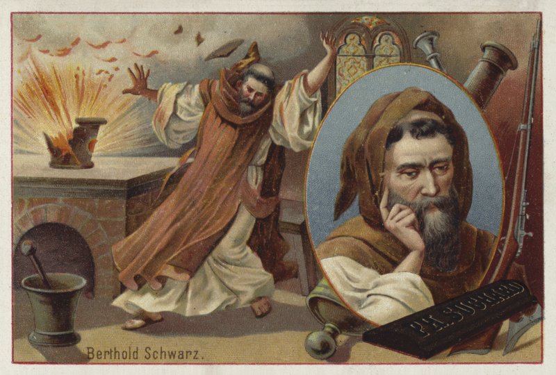 传说中的14世纪德国炼金术士Berthold Schwarz说发明了火药 作者 欧洲学校