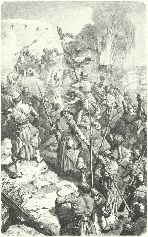 1855年9月8日，在围攻塞瓦斯托波尔期间攻占马拉科夫红堡（雕刻版）。 作者 欧洲学校