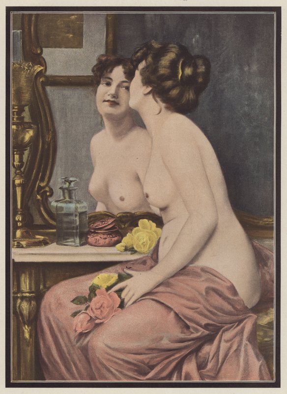 娇媚，镜子前的女人（彩色石版画） 作者 欧洲学校