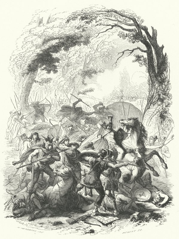 公元前 54 年，高卢人击败萨比努斯和科塔领导下的罗马军队（版画） 作者 欧洲学校