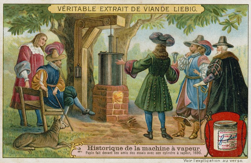 Denis Papin在1690年德国马尔堡的朋友面前进行活塞式蒸汽机的试验 作者 欧洲学校