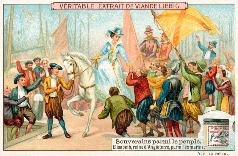 英格兰伊丽莎白一世在她的海军水手中的形象（chromolitho）。 作者 欧洲学校