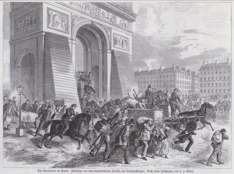 1871年4月，巴黎公社，逃离法军对诺伊夫的轰炸的逃亡者经过凯旋门（雕版画）。 作者 欧洲学校