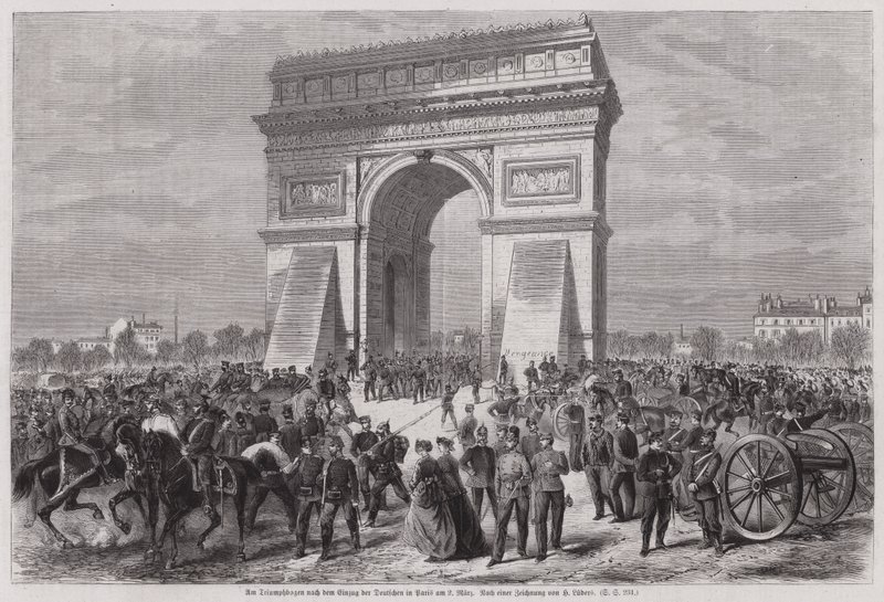 1871年3月2日，德国士兵在巴黎凯旋门获得普法战争的胜利后（雕刻）。 作者 欧洲学校