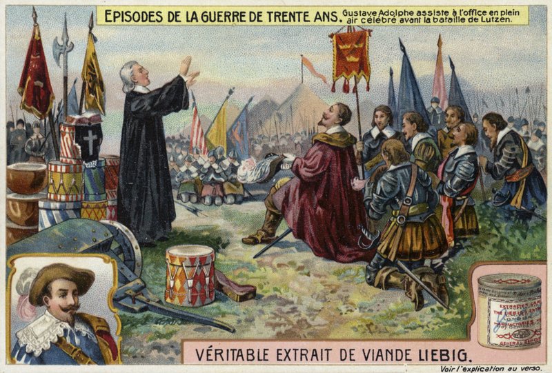 瑞典的Gustavus Adolphus在1632年德国Lutzen战役前参加了一项露天服务 作者 欧洲学校