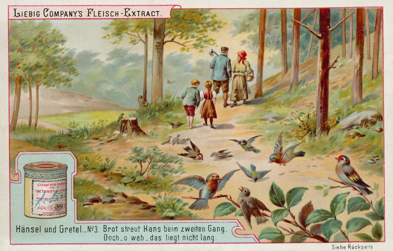 Hansel 和 Gretel：鸟儿吃掉 Hansel 留下的面包屑痕迹以寻找回家的路（chromolitho） 作者 欧洲学校