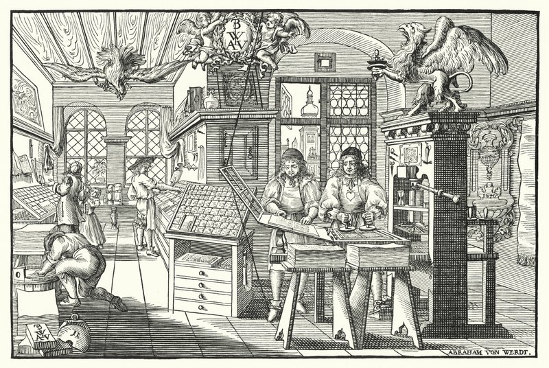 书籍印刷厂的内部，c1676（雕刻） 作者 欧洲学校