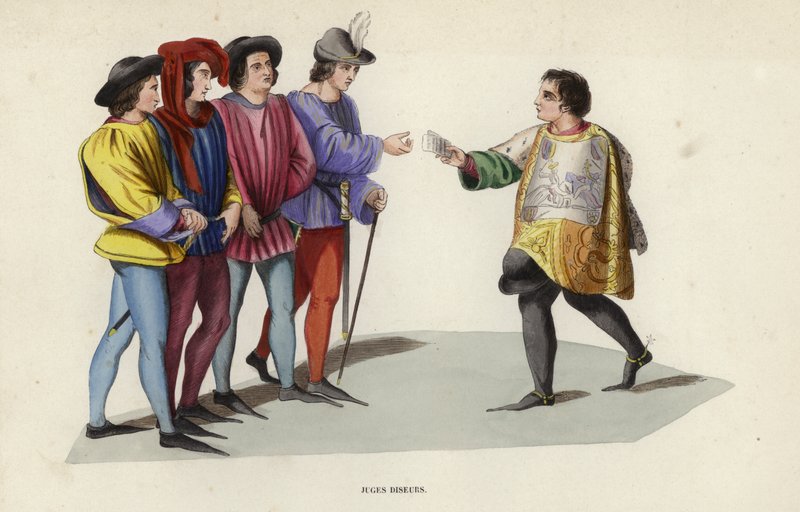Juges Diseurs (coloured engraving) 作者 欧洲学校