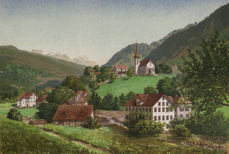Lake Lucerne: Burglen (colour litho) 作者 欧洲学校