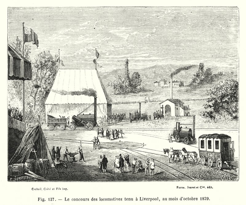 1829年10月在利物浦举行的机车比赛（版画） 作者 欧洲学校