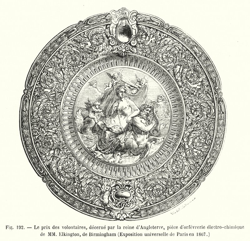 志愿者奖，由英国女王颁发，金匠 MM Elkington 的电化学作品，伯明翰，1867 年巴黎万国博览会（雕刻） 作者 欧洲学校