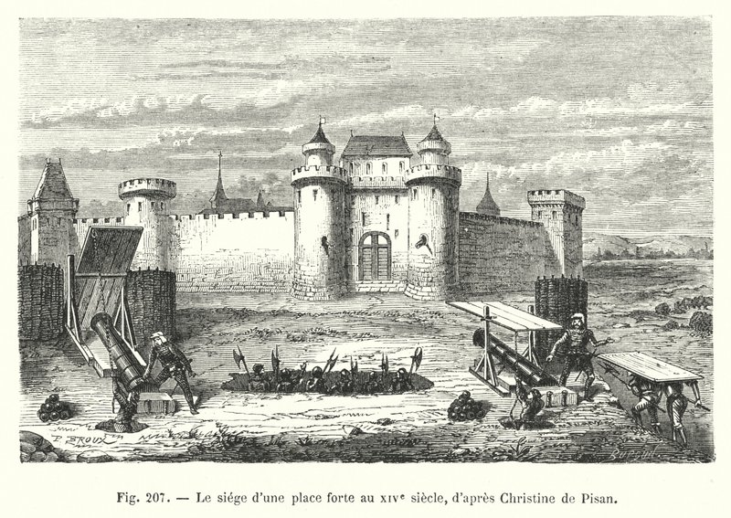 克里斯汀·德·皮桑 (Christine de Pisan) 之后的 14 世纪围攻堡垒（版画） 作者 欧洲学校