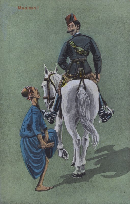 一匹马和骑手踩踏了一名男子的脚后，该男子痛苦不堪（彩色石版画） 作者 欧洲学校