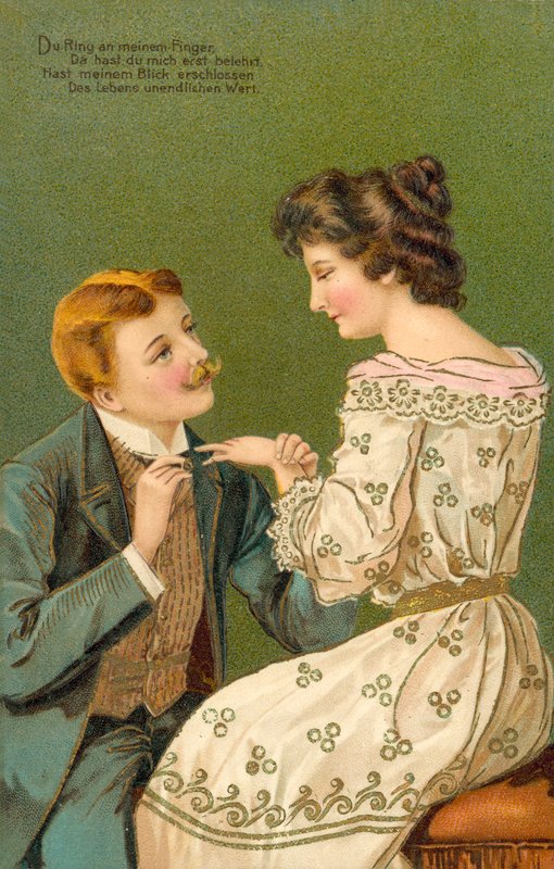 男子向一名年轻女子求婚，即将为她戴上戒指（彩色石版画） 作者 欧洲学校