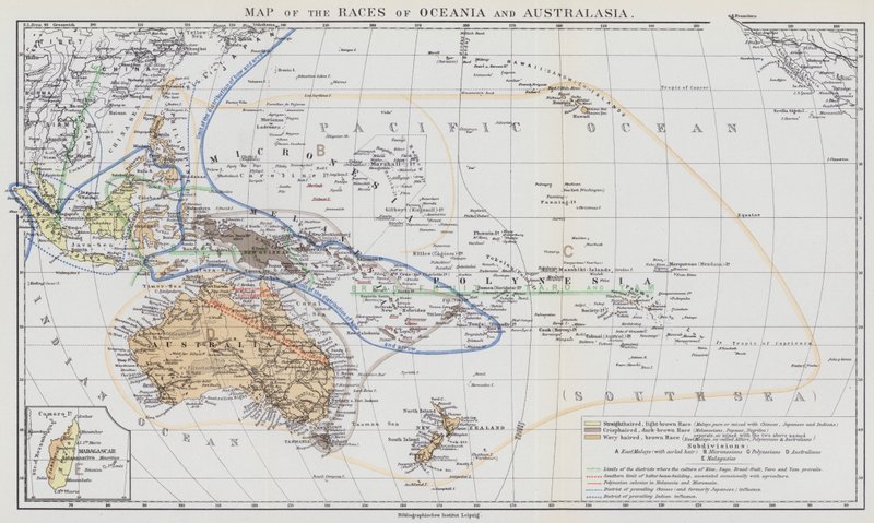 大洋洲和澳大拉西亚种族地图（彩色石印版） 作者 欧洲学校