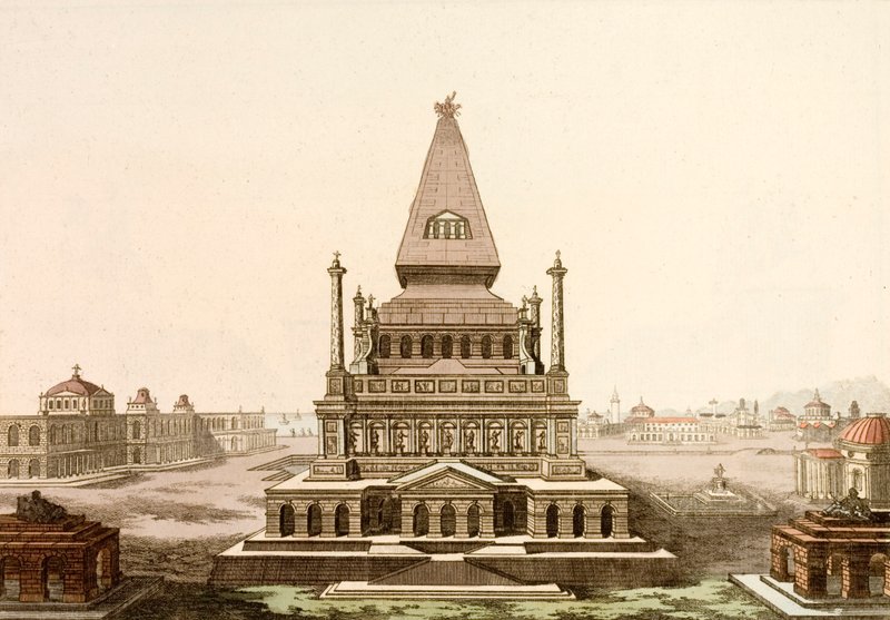 Mausoleum at Halicarnassus, tomb of the Persian satrap Mausolus, one of the Seven Wonders of the Ancient World (coloured engraving) 作者 欧洲学校