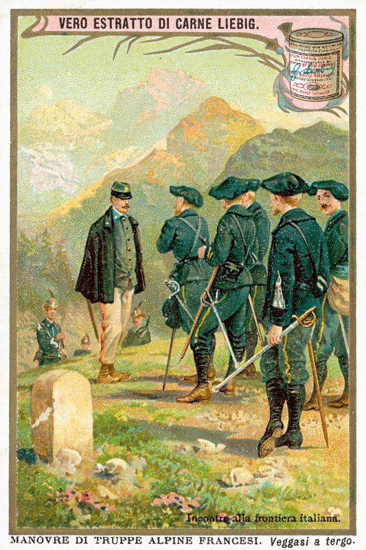 在意大利边境的会面（chromolitho）。 作者 欧洲学校