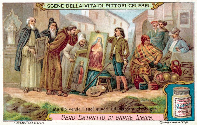 Murillo selling his paintings in the market of Seville (chromolitho) 作者 欧洲学校