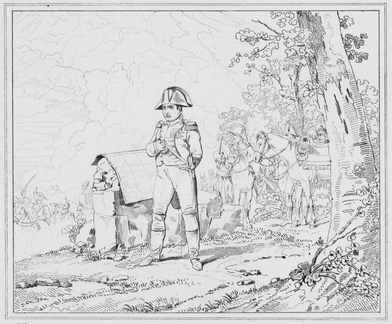 拿破仑Napoleon a Charleroi, 拿破仑在沙勒罗瓦（雕版画）。 作者 欧洲学校