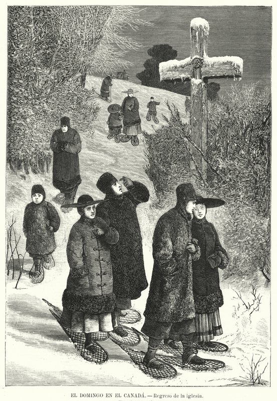 加拿大周日从教堂返回的穿着雪鞋的人们（石版画） 作者 欧洲学校