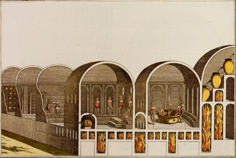 Roman bath house with underfloor heating (coloured engraving) 作者 欧洲学校