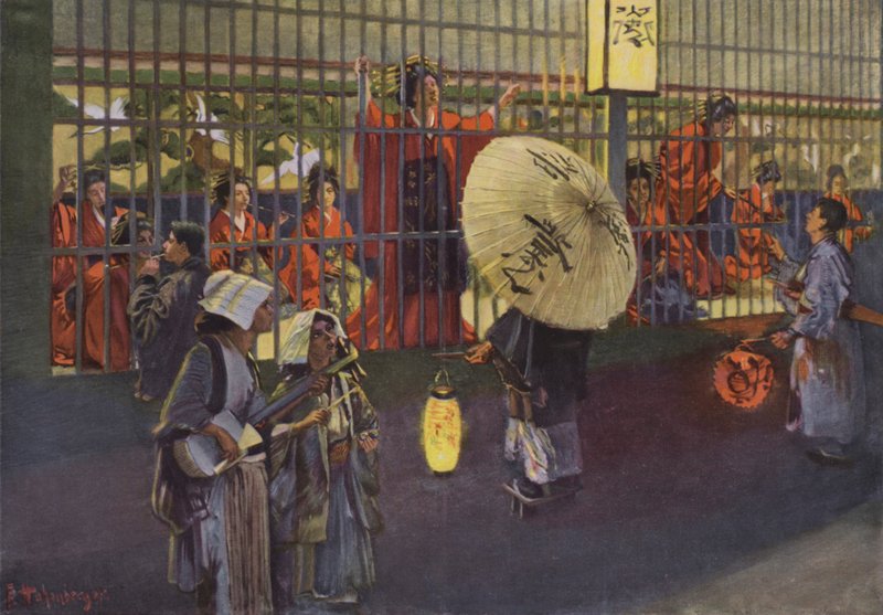 日本东京吉原区的场景（彩色石版画） 作者 欧洲学校