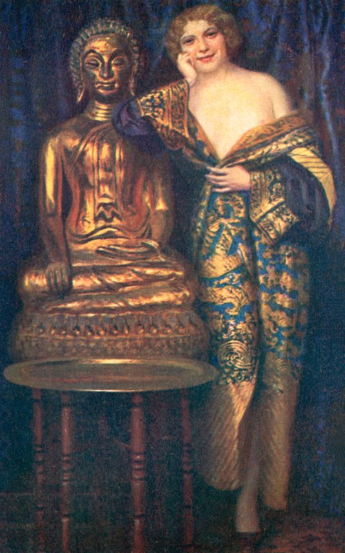 金色佛像旁身着袈裟的半裸女子（彩色石版画） 作者 欧洲学校