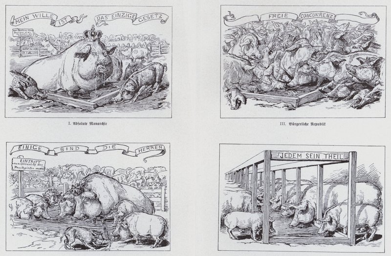 1895 年关于不同政府形式的社会主义漫画（石版画） 作者 欧洲学校