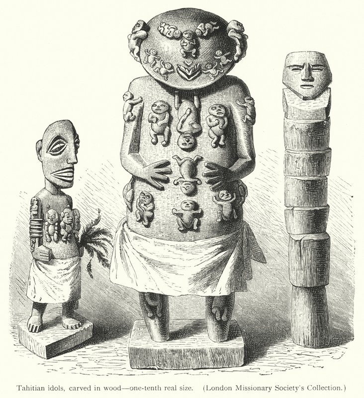 Tahitian idols, carved in wood (engraving) 作者 欧洲学校