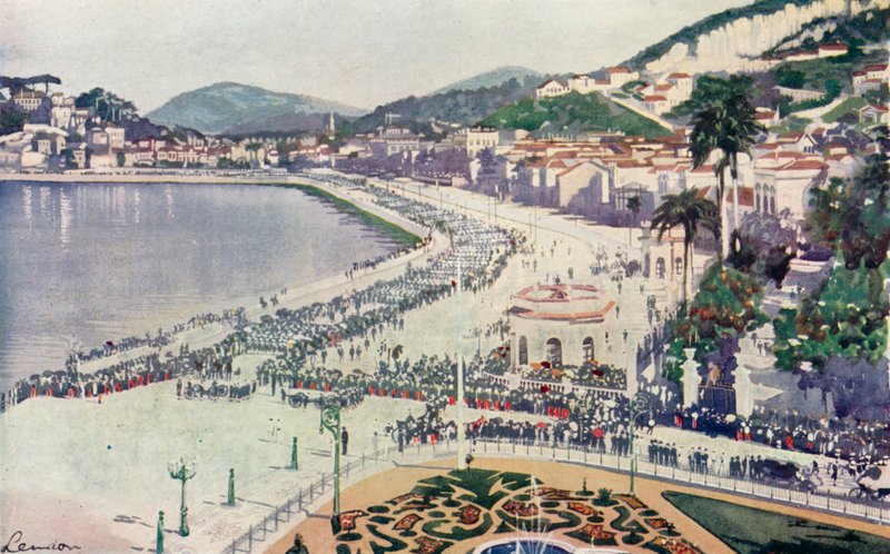 拉帕广场（Praia da Lapa）和格洛里亚广场（Praca da Gloria），11 月 15 日巴西共和国成立纪念日阅兵式一瞥（彩色石版印刷）。 作者 欧洲学校