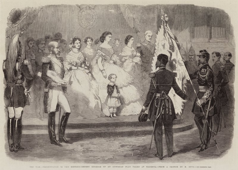 The War, Presentation to the Empress-Regent Eugenie of an Austrian Flag taken at Magenta (engraving) 作者 欧洲学校