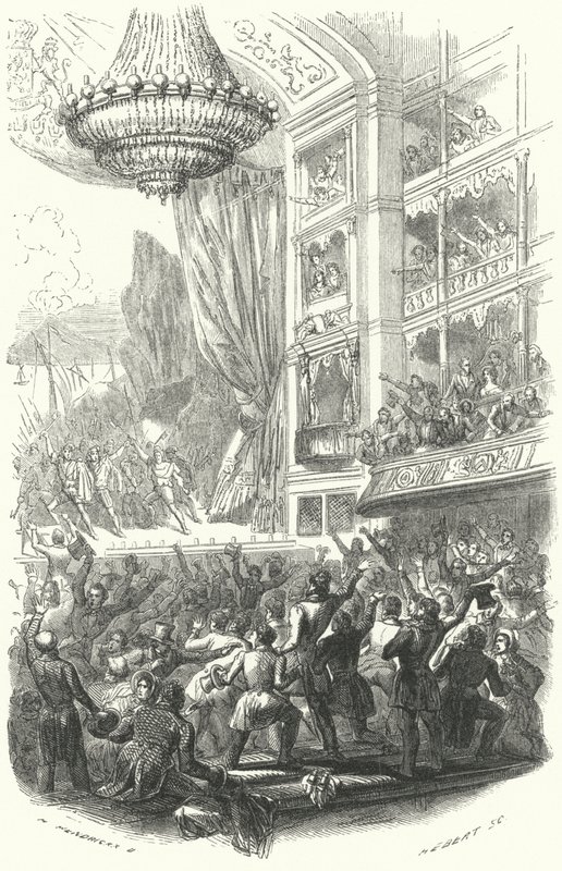 比利时革命的开始：1830 年 8 月 25 日在布鲁塞尔蒙奈剧院 (Theatre de la Monnaie) 上演丹尼尔·奥伯 (Daniel Auber) 的歌剧 La Muette de Porcini (雕刻) 作者 欧洲学校