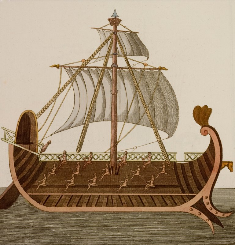 Trireme，古代腓尼基人、希腊人和罗马人使用的战舰（彩色雕刻） 作者 欧洲学校