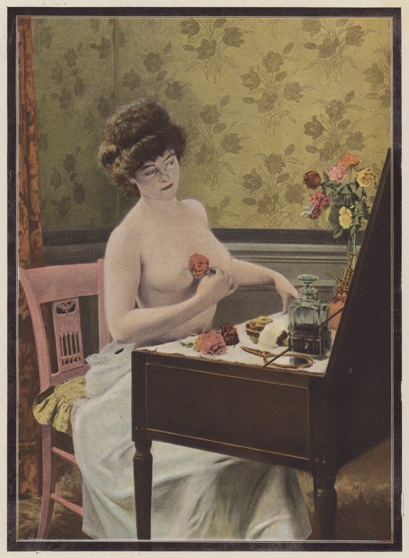镜前的女人（彩色石版画） 作者 欧洲学校