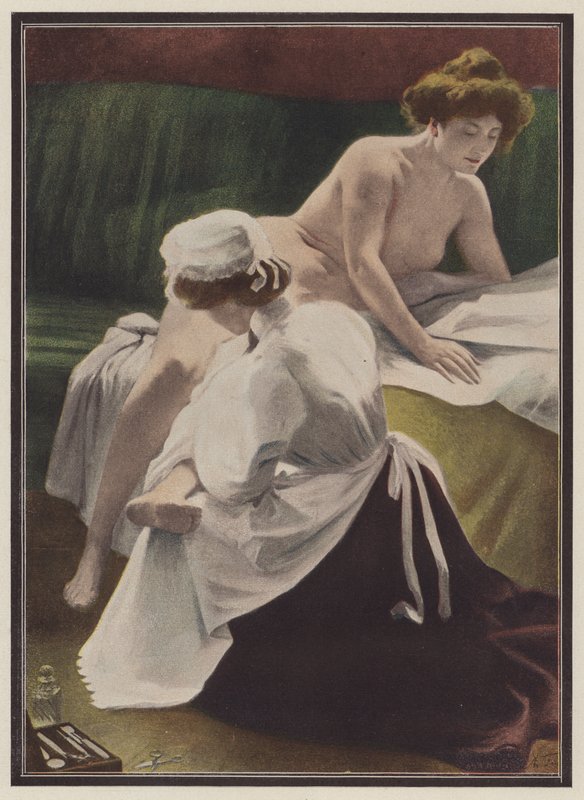 被女仆烘干的妇女（彩色石版画） 作者 欧洲学校