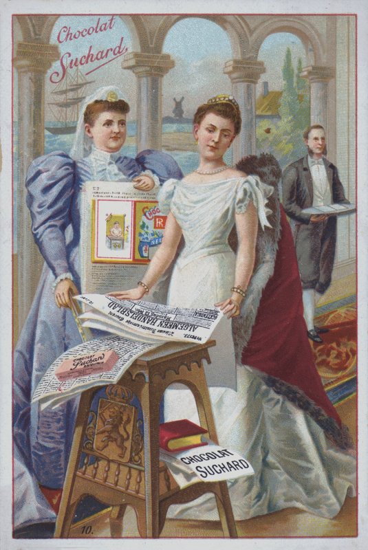 拿着报纸的女人，苏查德巧克力广告（chromolitho） 作者 欧洲学校