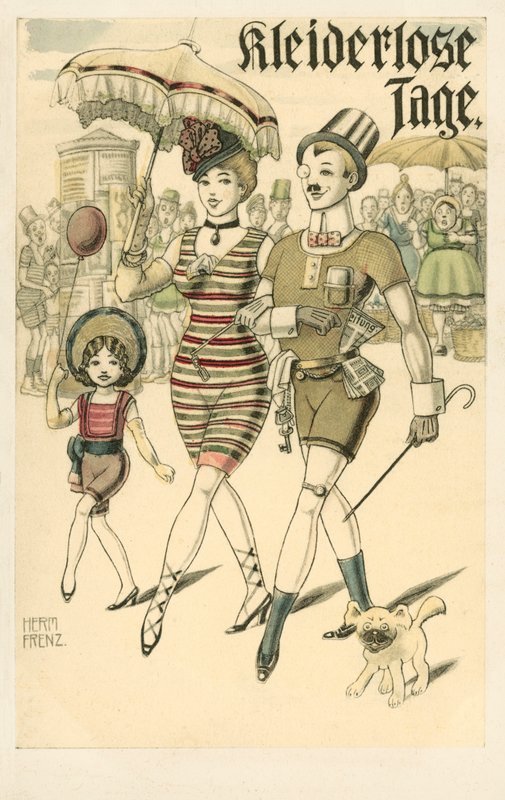 穿着内衣的德国夫妇和他们的女儿（彩色石版画） 作者 FF