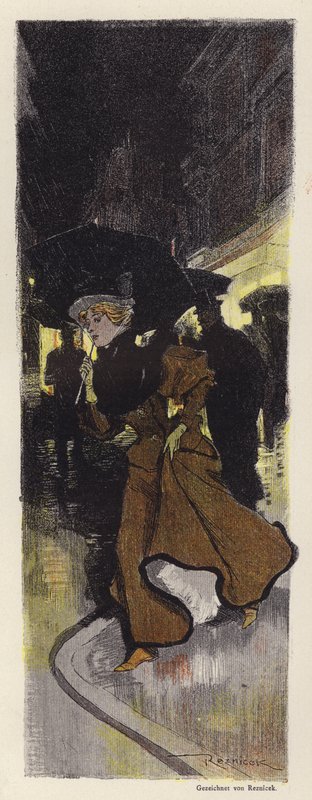 晚上走在雨街的女人（彩色石版画） 作者 费迪南德·冯·雷兹尼切克