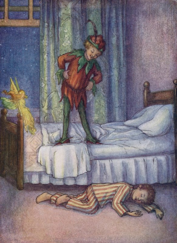 约翰-达林（John Darling）被彼得-潘（Peter Pan）一脚踢开（彩色石版印刷）。 作者 弗洛拉·怀特