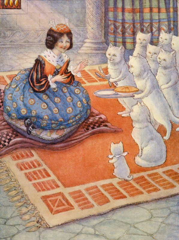 猫咪们给公主带来了老鼠派（彩色石版画） 作者 弗洛拉·怀特