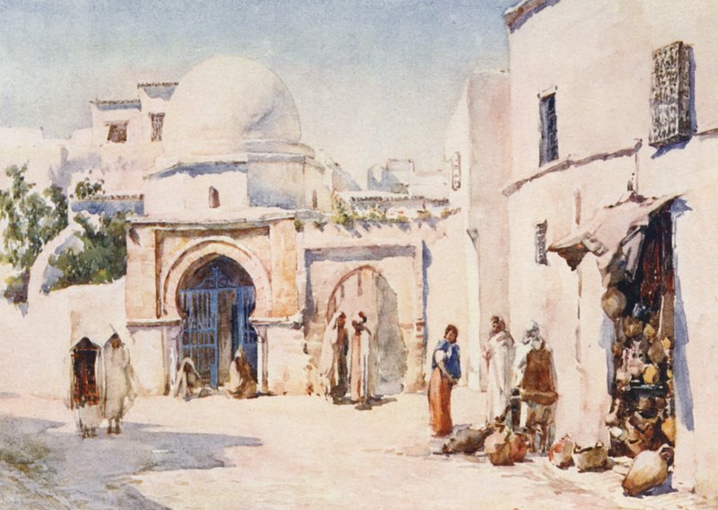 突尼斯 Tourbet el Bey 街的 Zaouia（彩色石版画） 作者 弗朗西斯·内斯比特