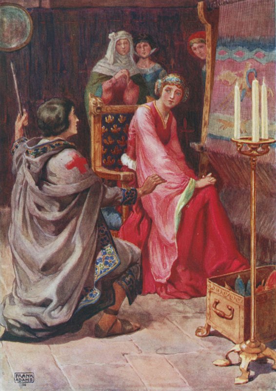 朝圣者和女王，来自The Staff and Scrip by Dante G Rossetti 作者 弗兰克·亚当斯
