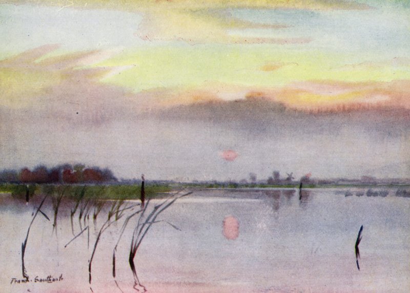 Norfolk Broads: Sunset, Heigham Sounds (彩色石版画) 作者 弗兰克·索斯盖特