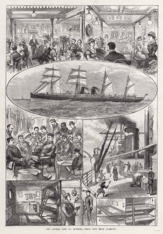 The Anchor Line SS Austral，来自格拉斯哥的试行之旅（雕刻） 作者 弗兰克沃特金斯
