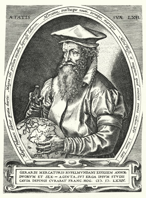 Gerardus Mercator，佛兰德制图师、地理学家和宇宙学家（雕刻） 作者 弗朗兹·霍根伯格（后）