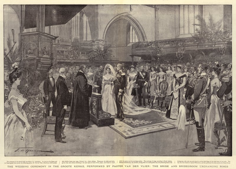Groote Kerke的婚礼，由牧师Van der Vlier，新娘和新郎交换戒指表演 作者 弗雷德里克·德·哈嫩