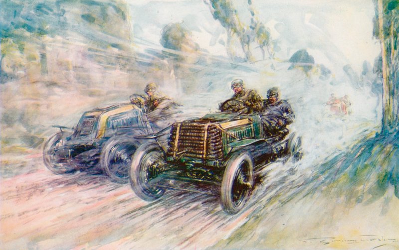 英国车手 Charles Jarrott 驾驶著名的 "70 "Panhard（彩色石版）赢得了 1902 年阿登赛道的冠军。 作者 弗雷德里克·戈登（后）克罗斯比