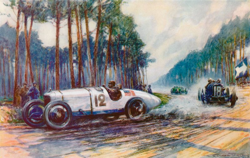 1921 年，吉米-墨菲（Jimmy Murphy）的杜森伯格（Duesenberg）赛车在勒芒赛道上取得成功，这是美国首次在大奖赛中取得成功（彩色石版）。 作者 弗雷德里克·戈登（后）克罗斯比